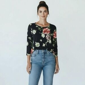 Reborn J Floral Blouse Women's Small Black Red Green 3/4 Sleeve Stretch Top